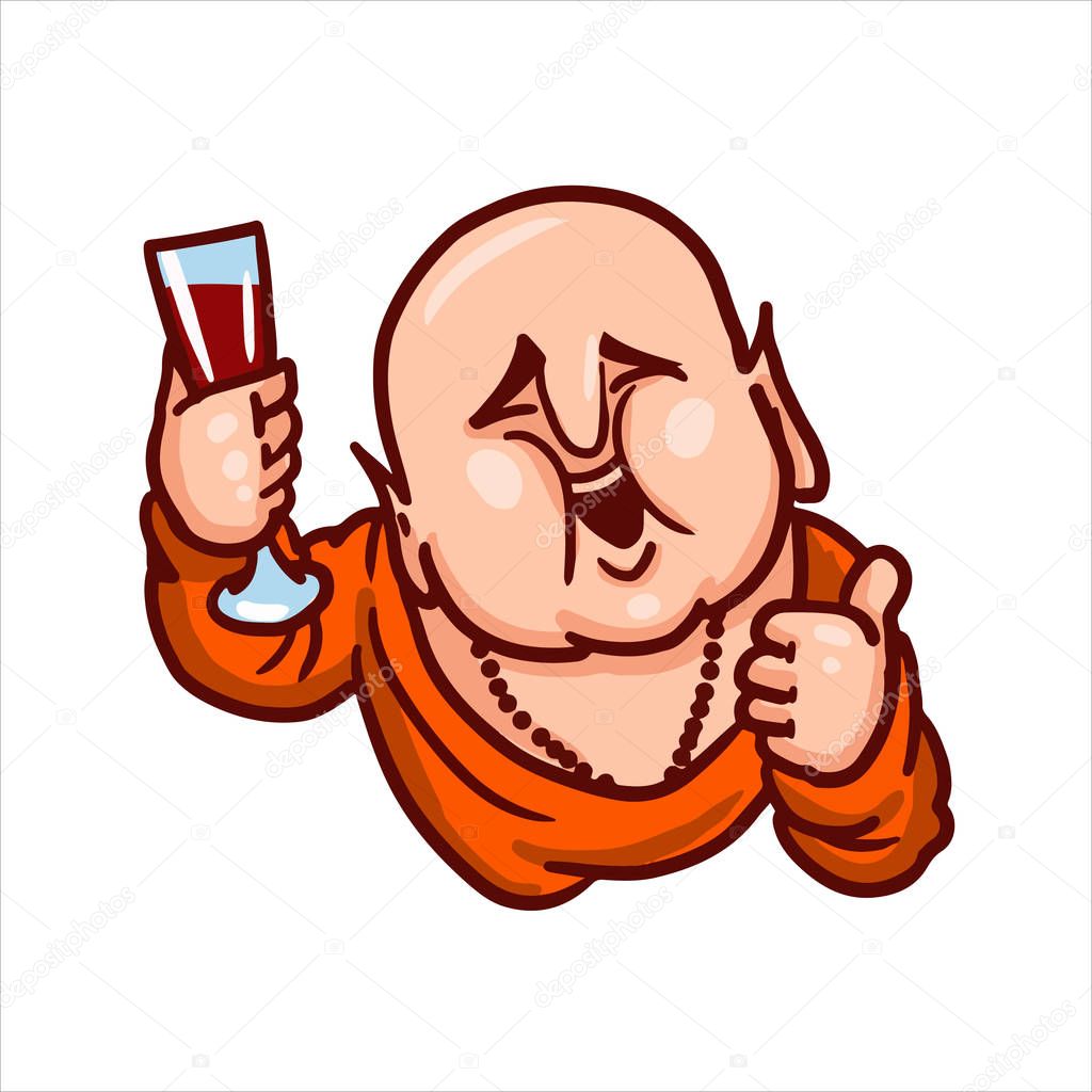 Cartoon vector illustration. Street art work or sticker with funny character. Buddha is smiling, showing thumb up and holding a glass of wine.