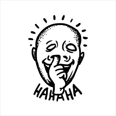 Etched vector illustration. Engraved sticker. Dark humor jokes. Contemporary street art work. Hand drawn sketch of a guy who stuck his finger in his nose and laughs out loud. clipart