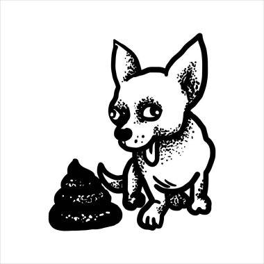 Kazınmış vektör çizim. Oyulmuş etiket. Kara mizah espriler. Çağdaş sokak sanat eseri. Mutlu bir köpek ve bok yığını el çizilmiş kroki.