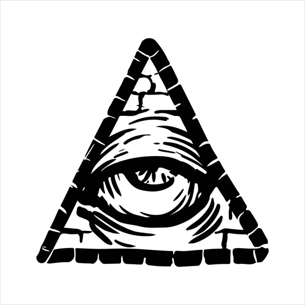에칭된 일러스트입니다 새겨진된 스티커입니다 어두운 농담입니다 작품입니다 Illuminati 상징의 손으로 — 스톡 벡터