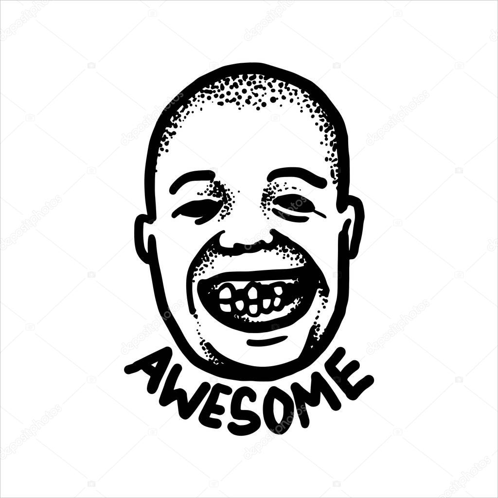Etched vector illustration. Engraved sticker. Dark humor jokes. Contemporary street art work. Hand drawn sketch of the face of a bald head man with a terrible toothless smile.