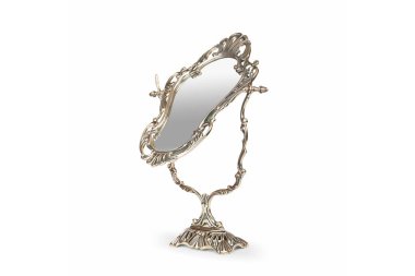 Bronz Vintage ayna izole beyaz arka planda, yan görünüm. Ayna ortaya çıkar.