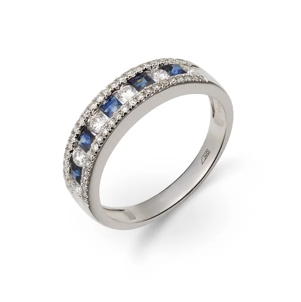 Bague en or avec gemmes blanches et bleues — Photo