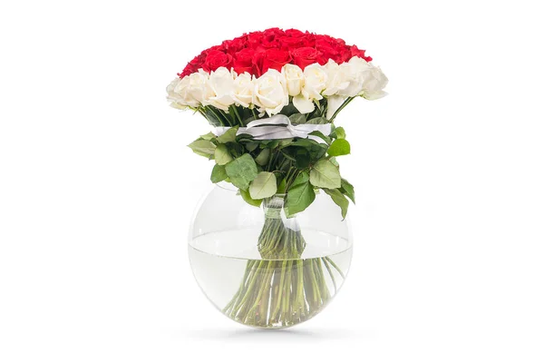 Букет Красных Роз Белым Краем Цветов Вазе Водой — стоковое фото