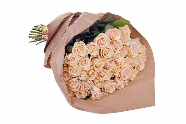 Belo Buquê Flores Rosas Embalado Papel Decorado Com Fita Imagens Royalty-Free