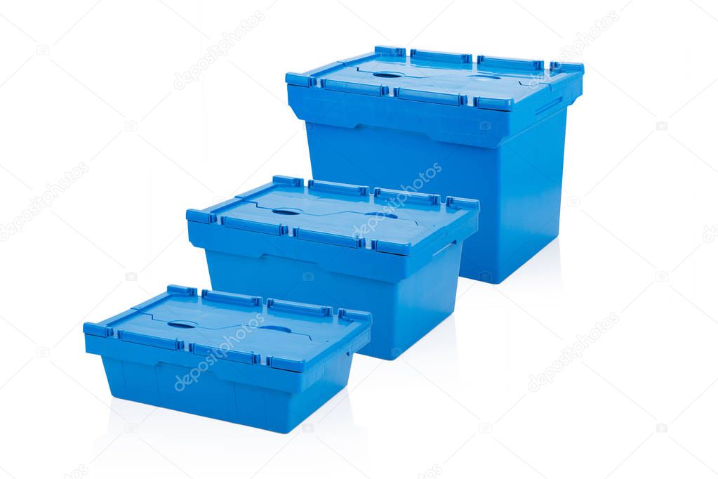 Closed blue plastic box packaging.