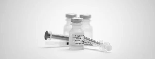 Tre Covid Injektionsflaskor Med Testvaccin Och Tre Sprutor Isolerade Vit — Stockfoto