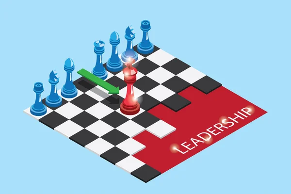 Peças de xadrez isométricas vermelhas e azuis no tabuleiro de xadrez com conceito de palavra, liderança e negócios — Vetor de Stock