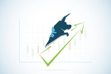 bull symbol with green and candlestick chart, stock market and business concept clipart