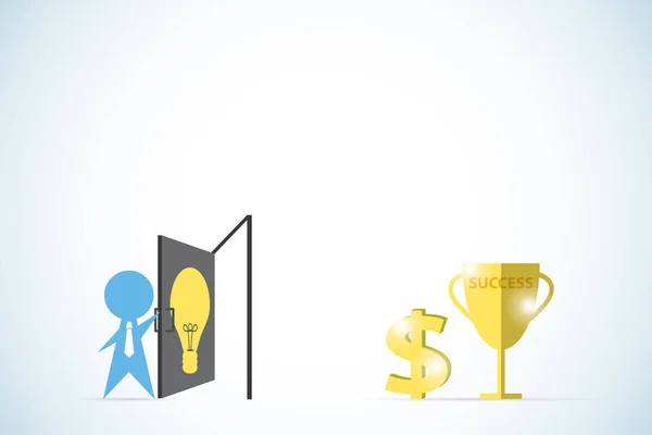 Podnikatel otevřít dveře žárovka, zlatá trofej a znak dolaru, nápad a obchodní koncept — Stockový vektor