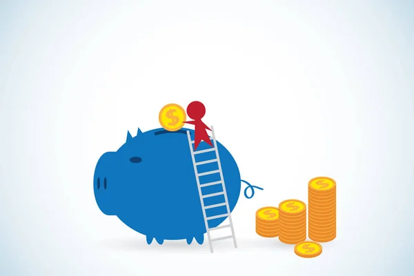 Zakenman munt aanbrengend piggy bank, sparen, investeringen en bedrijfsconcept — Stockvector