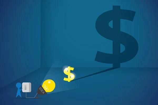 Zakenman maakt gebruik van spotlight te knipperen het dollarteken geplaatst waarin grote schaduw van dollar, idee en business concept — Stockvector