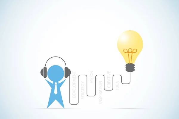 Hombre de negocios con auriculares y bombilla, idea y concepto de negocio — Vector de stock