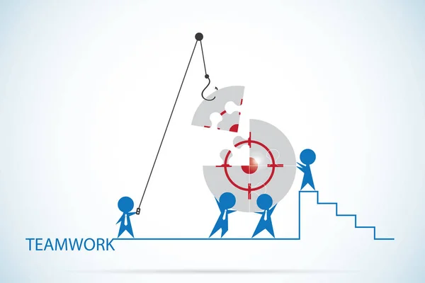 Empresários montando o símbolo alvo em quebra-cabeça, trabalho em equipe e conceito de negócios — Vetor de Stock