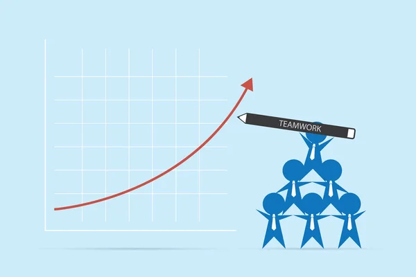 Kırmızı ok yazmaya kalem tutan iş adamları, takım çalışması ve iş kavramı