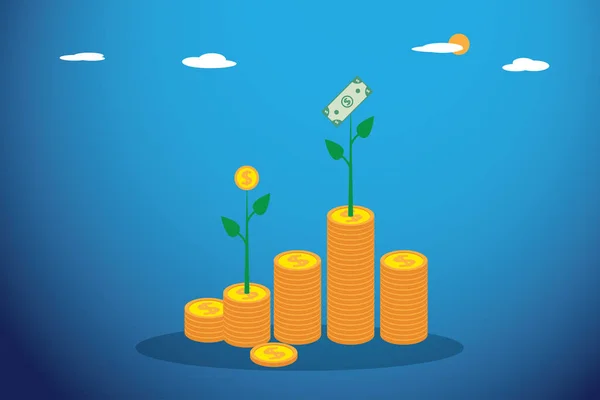 sikke yığını, yatırım ve iş kavramı para ve Doları ağaç Filiz yetişir