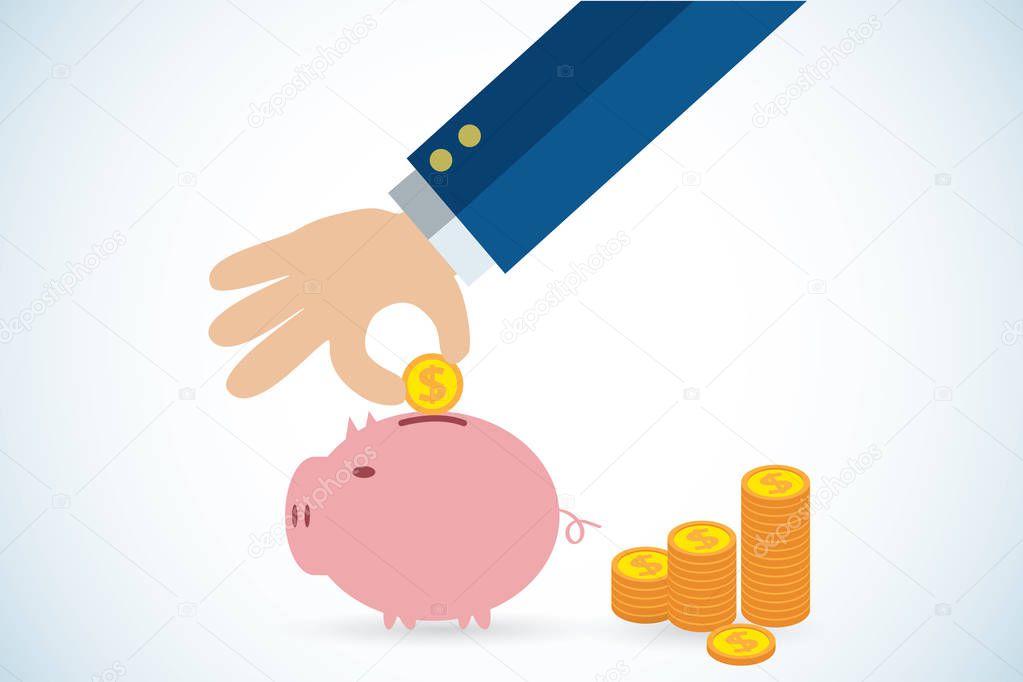 hand putting coin in piggy bank, saving, investment and business concept