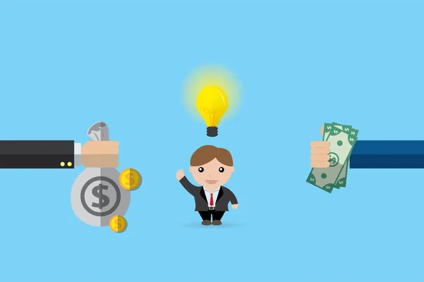 Platit peníze za nákup podnikatel a jeho žárovky, nápad a obchodní koncepce — Stockový vektor