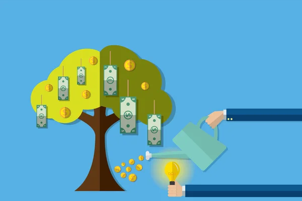 Drinkinstallaties geldboom met munten en invoegen idee, concept van de investeringen — Stockvector