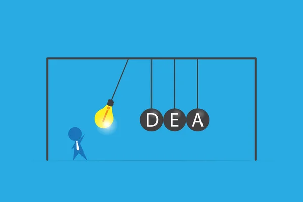 Geschäftsmann mit Glühbirne und Ideenwort zum Balancieren von Bällen Newtons Wiege, Idee und Geschäftskonzept — Stockvektor