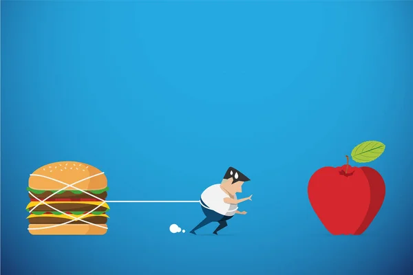 Gros homme essayant de marcher à la pomme rouge, mais hamburger le retenir, régime alimentaire et concept de santé — Image vectorielle