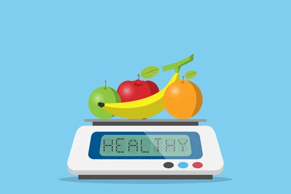Fruits on digital weight scale with healthy word, diet and health concept — Stock Vector