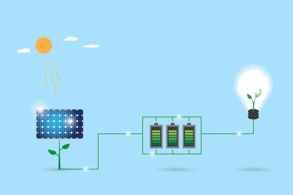 太陽電池パネル ツリー生成力電球、再生可能エネルギーの概念を — ストックベクタ