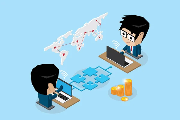 Isometric businessmen connecting online by jigsaw puzzle and notebook, connection and business concept illustration. — Stock Vector
