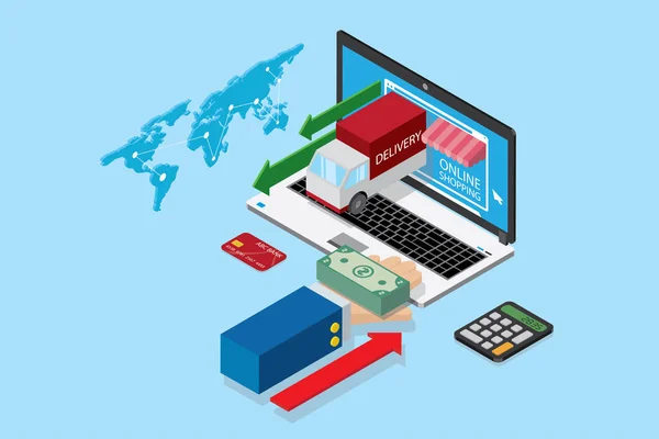 İzometrik defter ve iş Doları banknot, online alışveriş ve iş kavramı yığını ile el