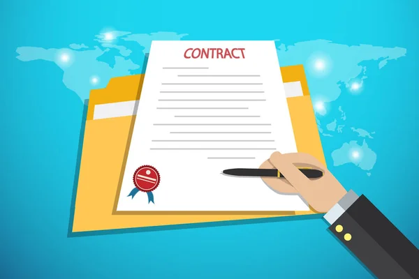 Businessesshand tenant stylo pour signer le contrat sur fond de carte du monde, concept d'entreprise — Image vectorielle