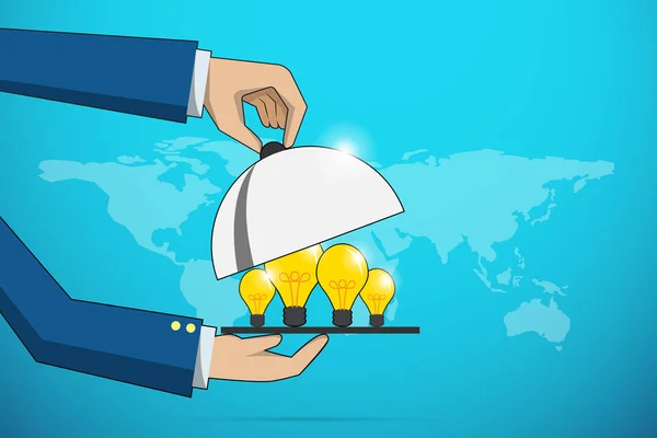 eller iş açık sarı ampul, hizmet için gümüş cloche fikir ve iş kavramı