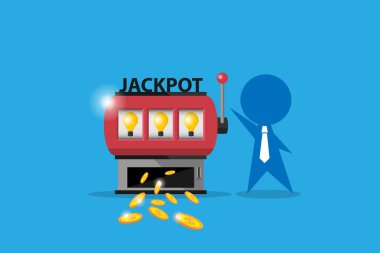 İş adamı oyun slot makinesidir ve kazanmak ikramiye para, almak için fikir ve iş kavramı