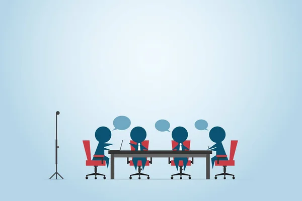 Hombres de negocios discutiendo proyecto sobre la mesa con burbujas de habla, conferencia y concepto de negocio — Archivo Imágenes Vectoriales
