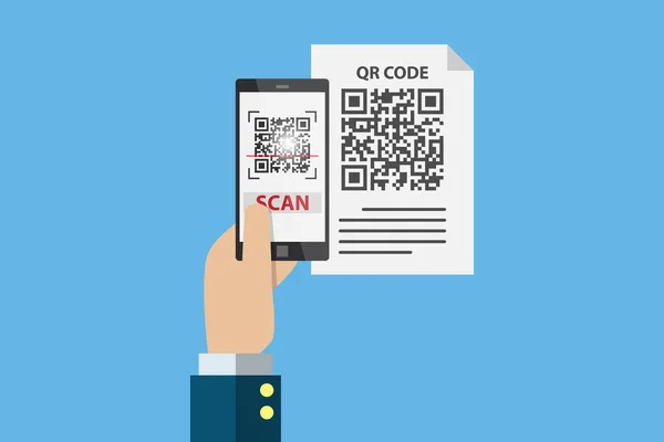 Iş el smartphone tarama QR code kağıt için ayrıntı, teknoloji ve iş kavramı üzerinde tutarak — Stok Vektör