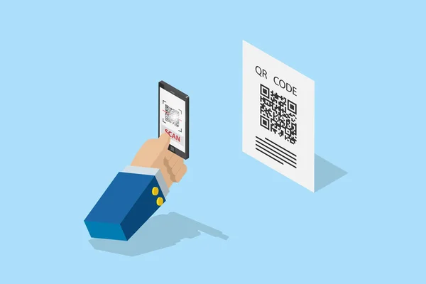 izometrik iş el smartphone tarama QR code ayrıntı, teknoloji ve iş kavramı için tutarak