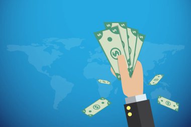 iş el banknotlar Dünya Haritası, mali ve iş kavramı ile tutarak