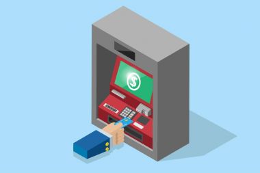 izometrik iş el kredi kartı Atm makine, teknoloji ve iş kavramı ekleme