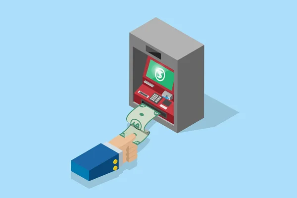 等距业务手拉钞票从 Atm 机、 技术和业务概念 — 图库矢量图片