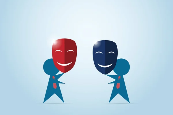 Businessmen try to shake hand and holding red and dark blue masks, business concept — Stock Vector