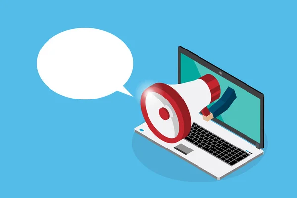 laptop ve kabarcık, reklam ve iş kavramı ile megafon tutan el