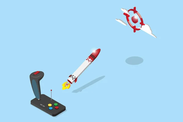 Isometric Joystick Control Rocket Flying Red Target Startup Business Concept — Stock Vector