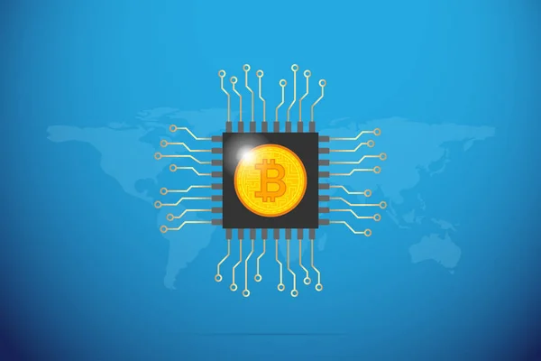 Bitcoin Processador Chips Com Mapa Mundo Moeda Digital Conceito Negócio —  Vetores de Stock