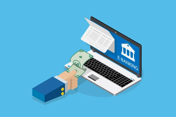 izometrik iş el çekme banknot üzerinden hesap hesap cüzdanı ile laptop, mali ve iş kavramı