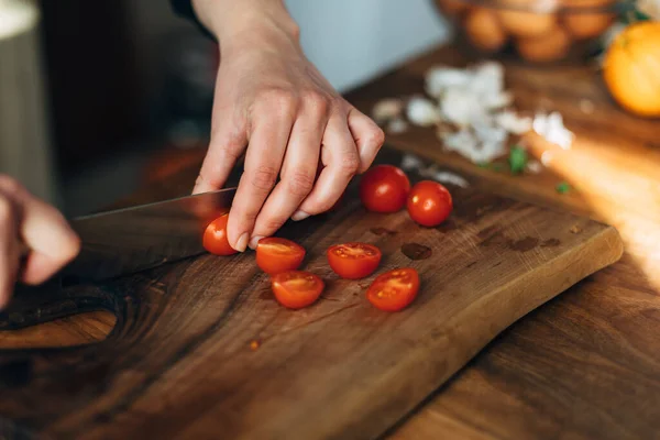 Chef Chopping Cherry Tomatoes Knife Wooden Board — Stock Photo, Image