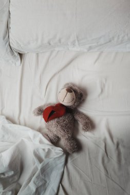 Oyuncak ayı sabahları yatakta yatıyor.