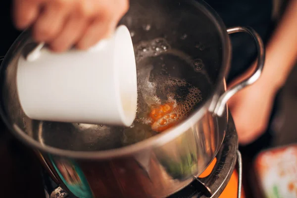 Chef Pouring Egg Boiling Water — Stock Photo, Image