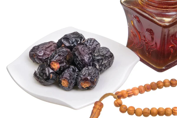 Dried Dates Fruits Plate Honey Alarm Clock Prayer Beads Tasbih — Stock Photo, Image