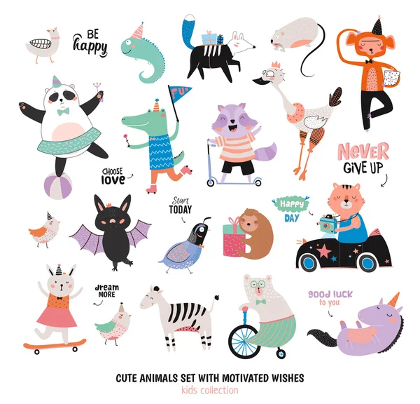Cute Funny zvířata a motivovaná přáním Set — Stockový vektor
