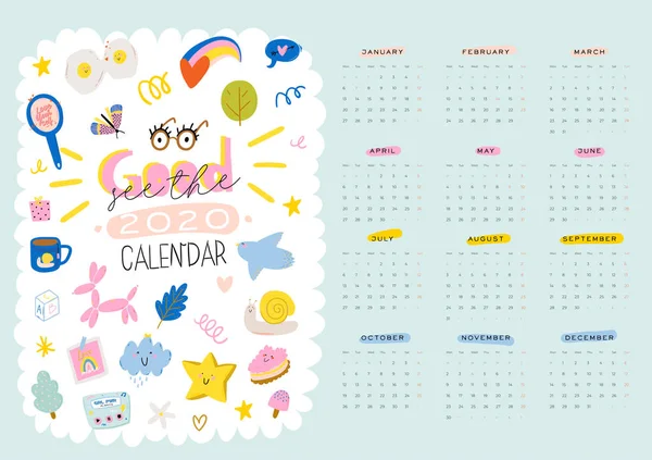 Feliz cumpleaños calendario de pared. 2020 Planificador anual tiene todos los meses . — Archivo Imágenes Vectoriales