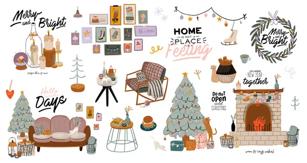 Scandinavische interieur met december huisdecoraties - krans, kat, boom, cadeau, kaarsen, tafel — Stockvector